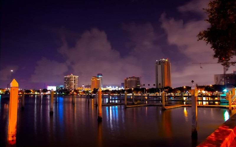 Nighttime view of a city skyline with a body of water (night, cityscape, city, reflection, urban area)