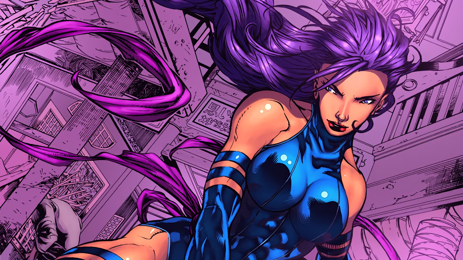 Крупный план женщины в синем костюме с фиолетовыми волосами (псайлок, psylocke, комиксы, marvel comics)