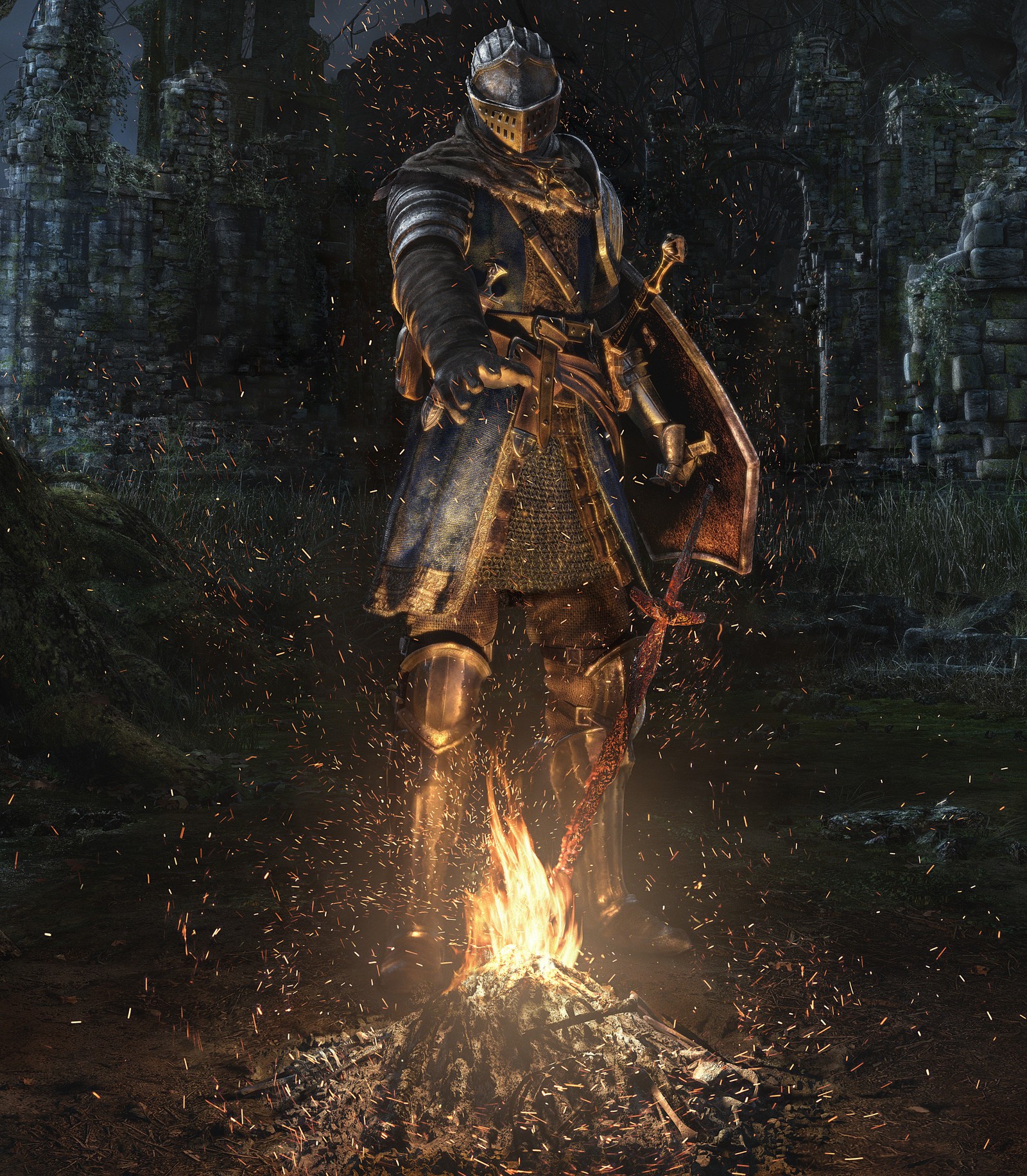 A close up of a person in armor standing in front of a fire (dark souls, remastered, 5k, artwork, games)