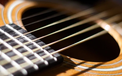 Close-up of an acoustic guitar showcasing its strings and soundhole.