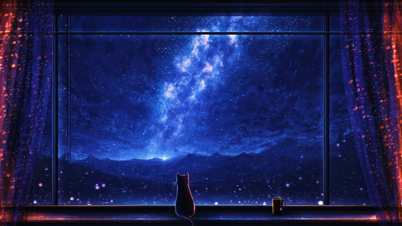 Кот, сидящий на подоконнике и смотрящий на ночное небо (stargazing, кот, звёздный, звезды, ночь)