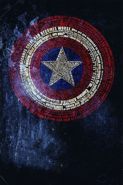 Der Schild von Captain America, bestehend aus kraftvollen Worten und Phrasen, die Heldentum und Widerstandsfähigkeit symbolisieren.