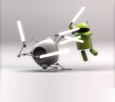 Android luta contra um droide com sabres de luz em um confronto inspirado em Star Wars