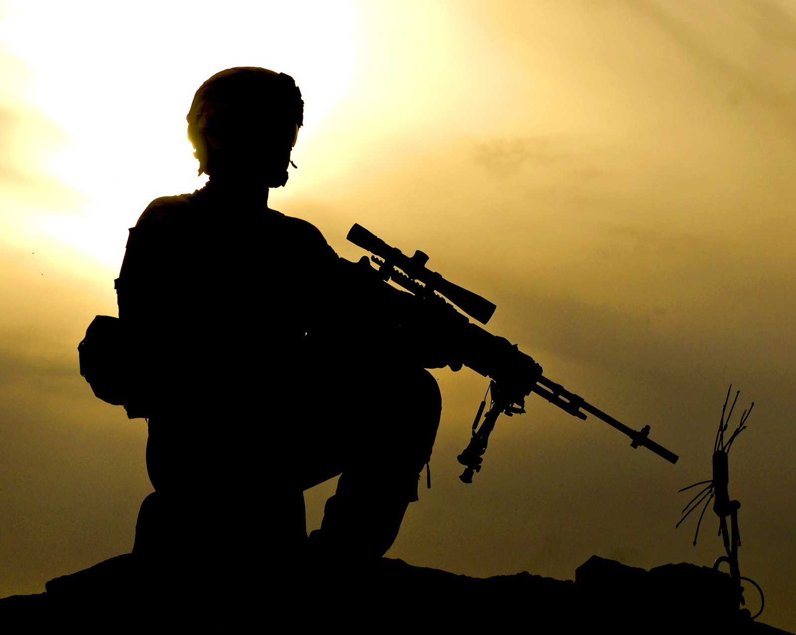 Arafed soldier with rifle on a hill at sunset (army, sniper)