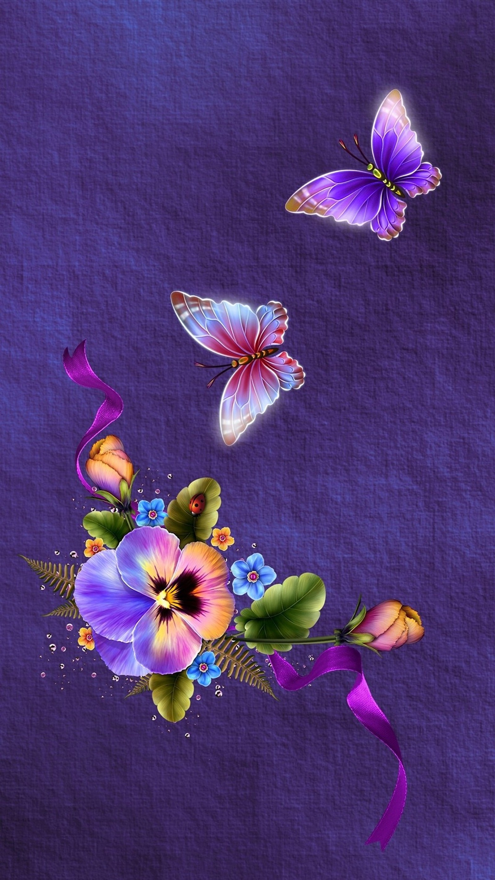 Flores moradas y azules y mariposas sobre un fondo morado (orquídeas, pintura, flores, mariposa, púrpura)