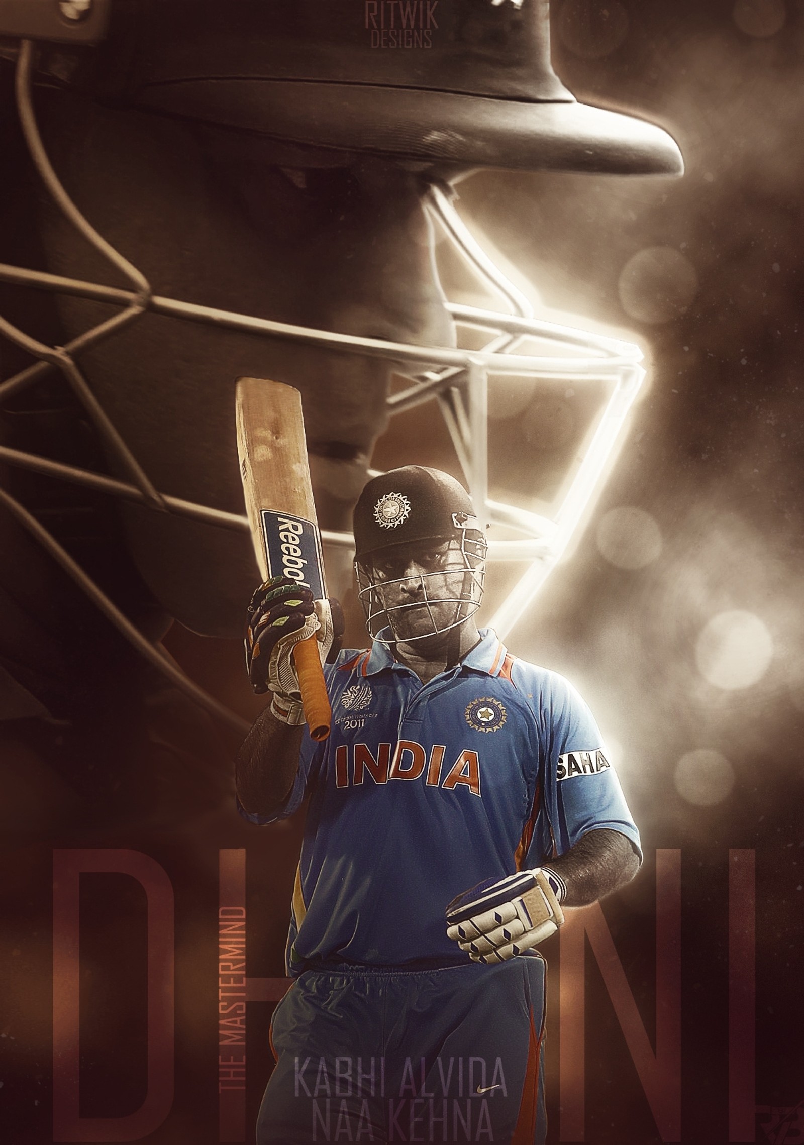 Arafed image of a man holding a bat and helmet (cricket, dhoni, india, mahendra singh dhoni, mahi)