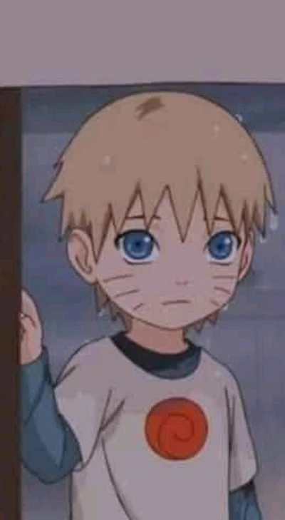 Young Naruto Uzumaki looking contemplative, with his signature whisker marks and iconic spiral emblem on his shirt.