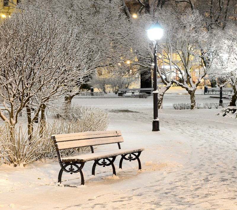 Снежная скамейка в центре снежного парка ночью (одинокий, alone bench, классная зима, лампа, зима)