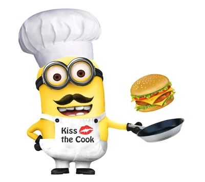 Fröhlicher Minion-Koch mit einem Burger