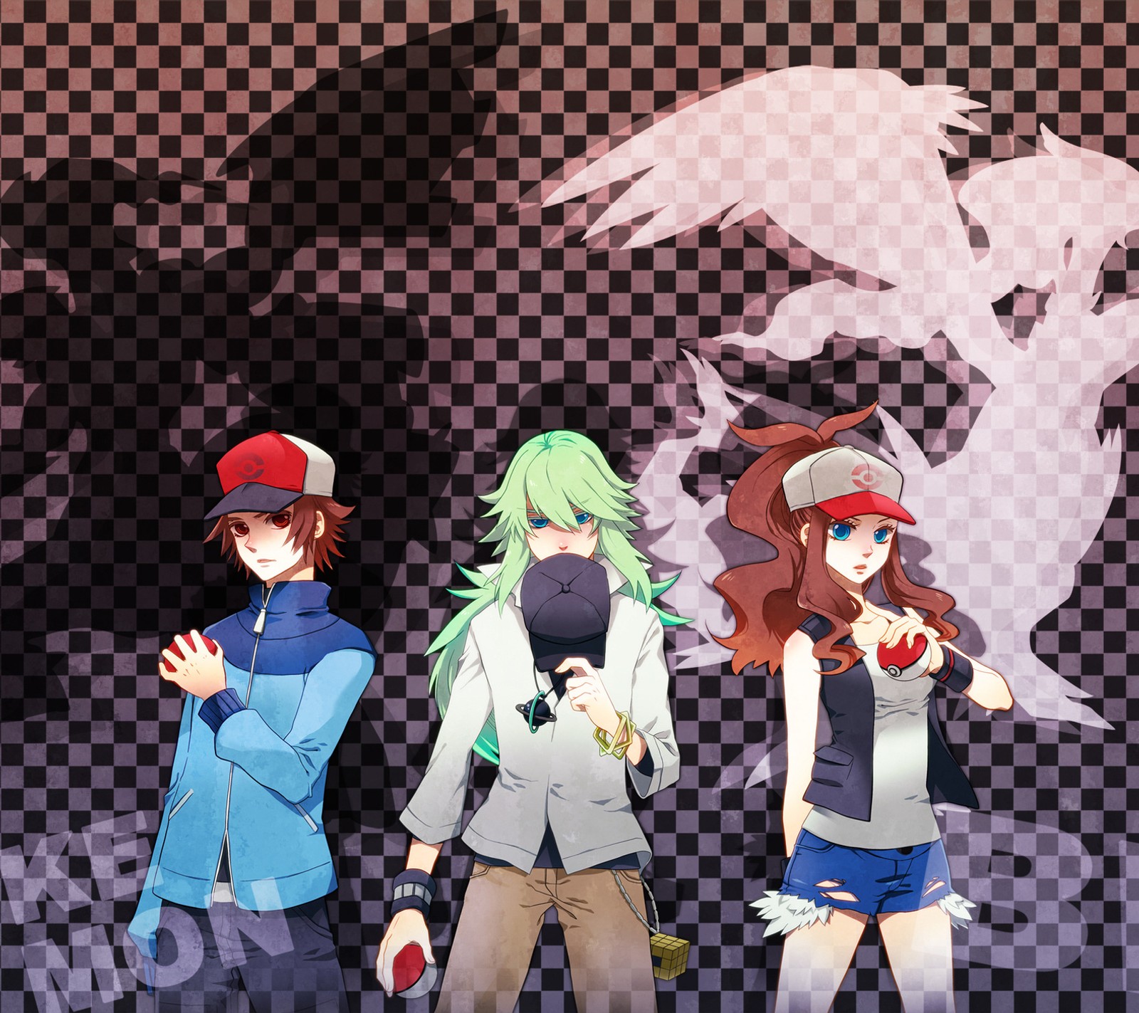 Anime characters standing in front of a checkered background with a shadow (anime, black, nintendo, pocket monsters, pokemon)