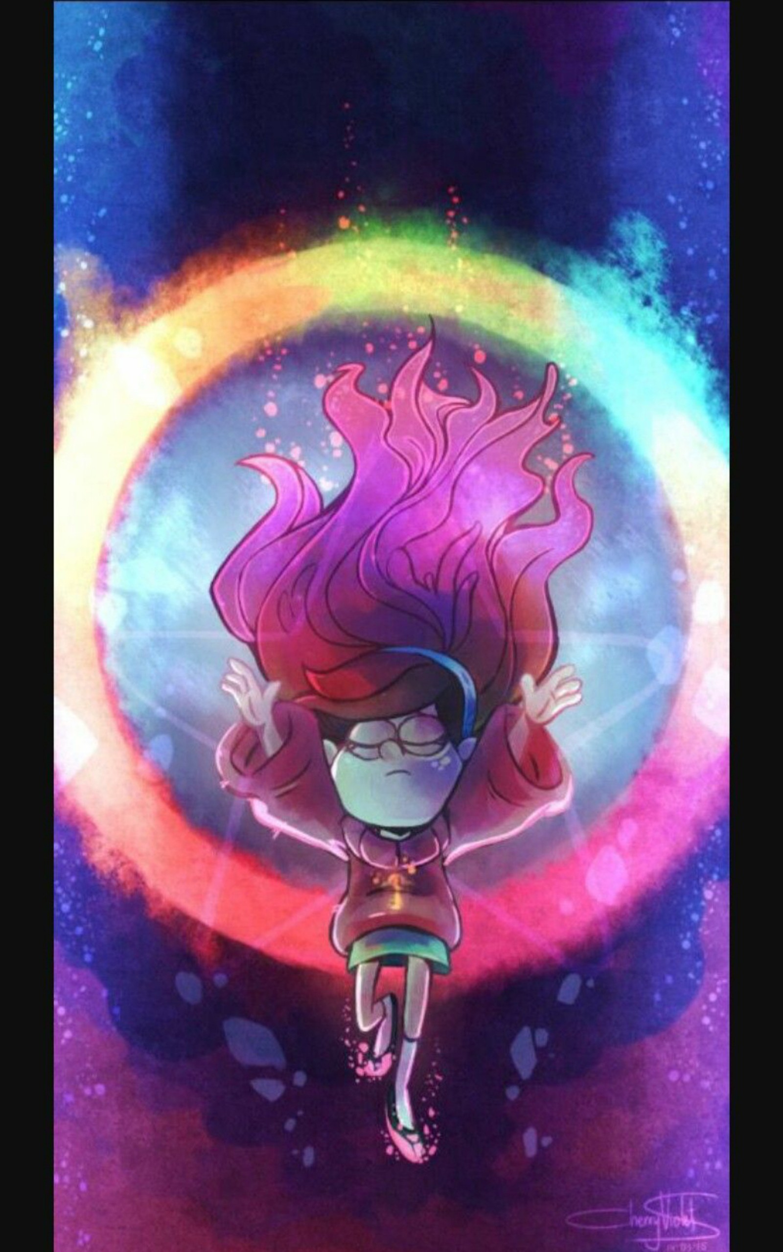 Una chica de dibujos animados con cabello rosa y gafas volando por el aire (mabel pines, gravity falls)