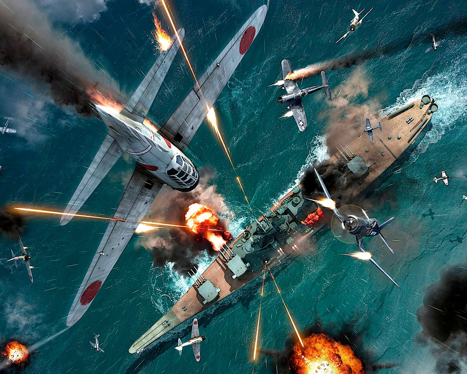 There are many planes flying over a ship in the ocean (flying, japan, kamikaze, military, navy)