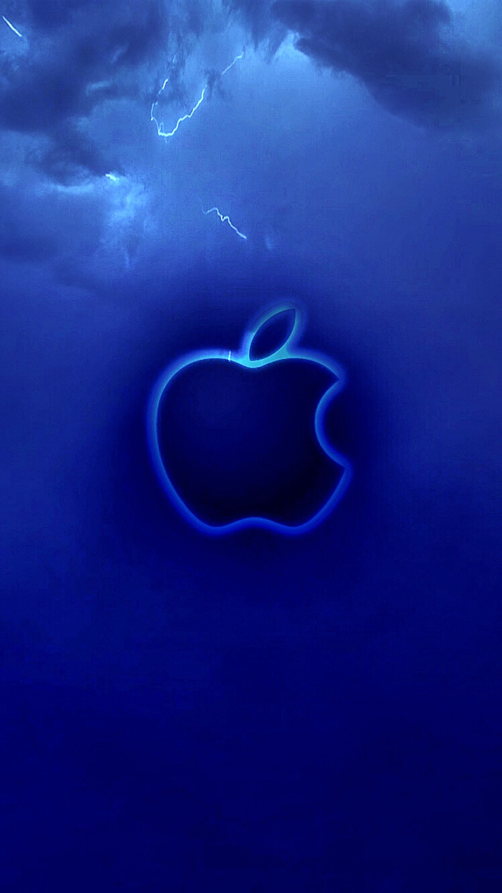 There is a blue apple logo on a blue background (brown, logo, wall)