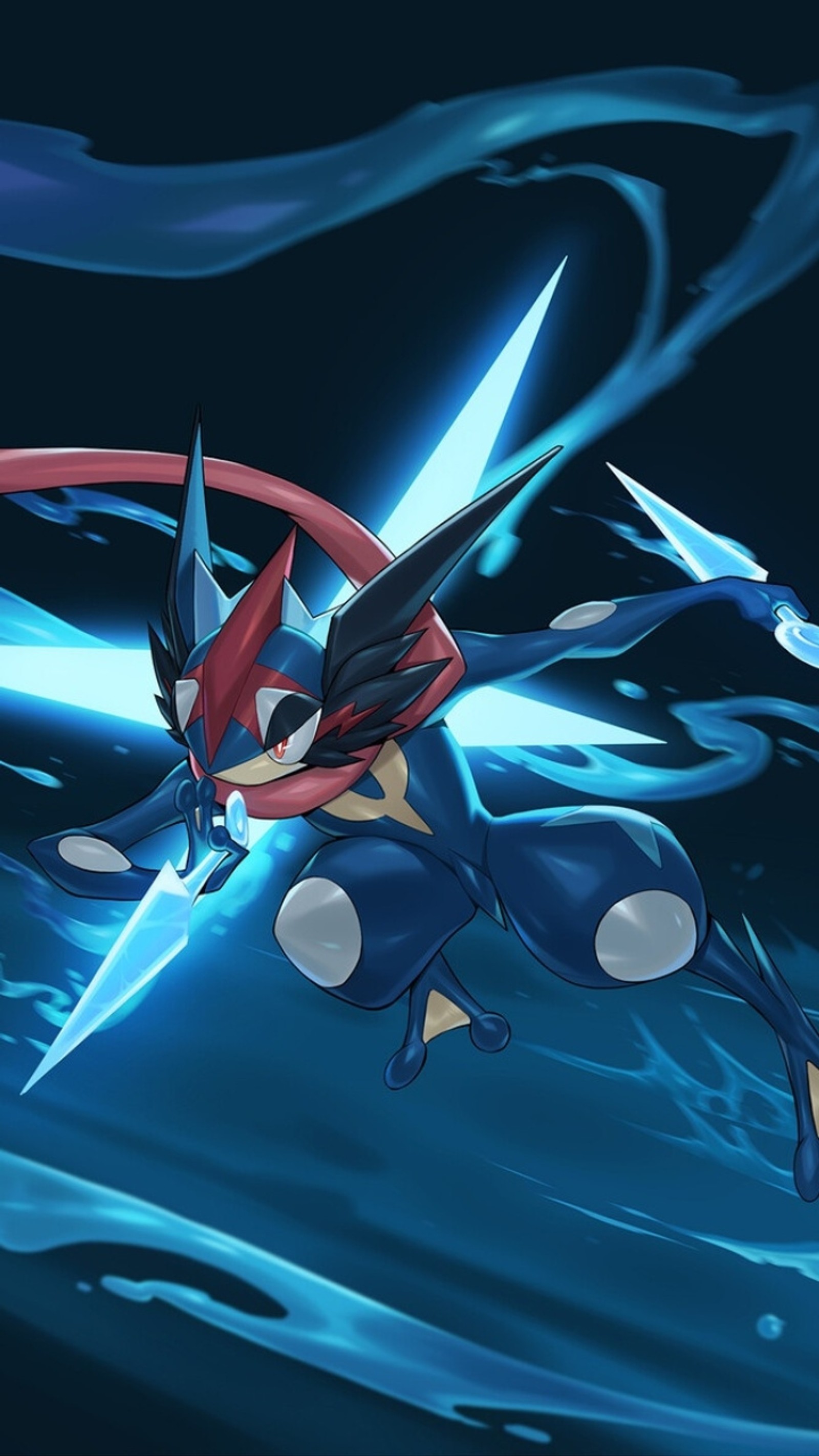 Pokemon est un type de pokemon avec une queue bleue et rouge (cendre, greninja, pokémon, pokemon)