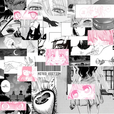 Un collage vibrante de ilustraciones de anime y manga con personajes lindos y emociones expresivas, combinando tonos de gris, rosa y negro.