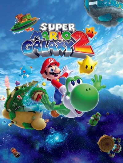 Mario e Yoshi voando através de uma galáxia vibrante, cercados por estrelas e planetas coloridos em Super Mario Galaxy 2.