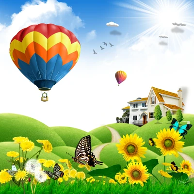 Colorful Hot Air Balloons Above a Vibrant Flower-Filled Landscape with a Cozy House Under a Sunny Sky