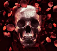 Intricate Skull Surrounded by Red Rose Petals