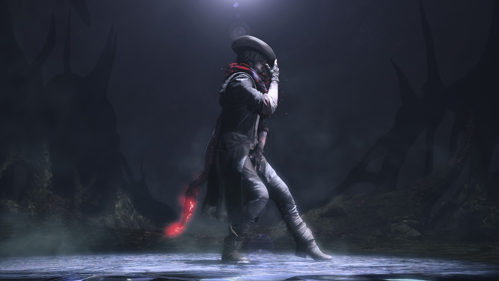 Gros plan d'une personne marchant dans l'eau avec une épée (devil may cry 5, jeu vidéo, dante)