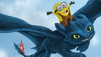 Minion montando um dragão em uma colorida aventura de desenho animado