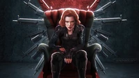 Natasha Romanoff in a powerful pose, surrounded by an array of weapons, symbolizing strength and resilience.