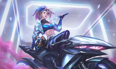 KDA Akali: Arte de fã futurista em motocicleta