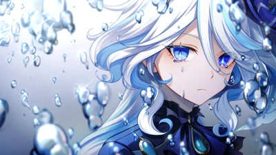 Furina from Genshin Impact: Ethereal Anime Girl Surrounded by Water droplets in 5K Resolution.