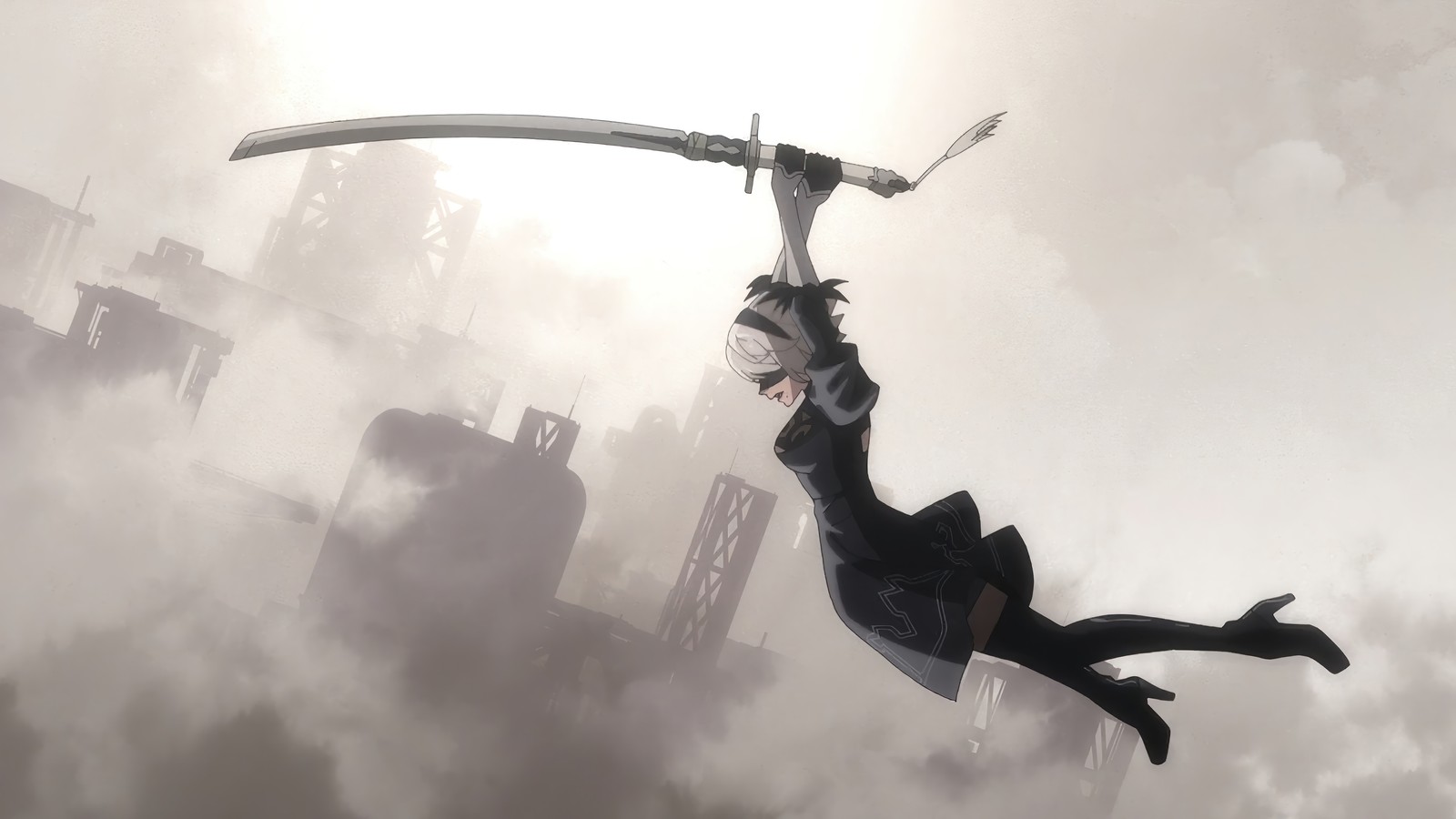 Personaje de anime en un atuendo negro volando por el aire con una espada (nier automata ver11a, nierautomata ver11a, anime, yorha 2b, yorha tipo a no2)