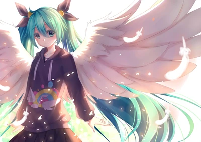 Hatsune Miku avec de longs cheveux aqua et des ailes angéliques dans un cadre de rêve