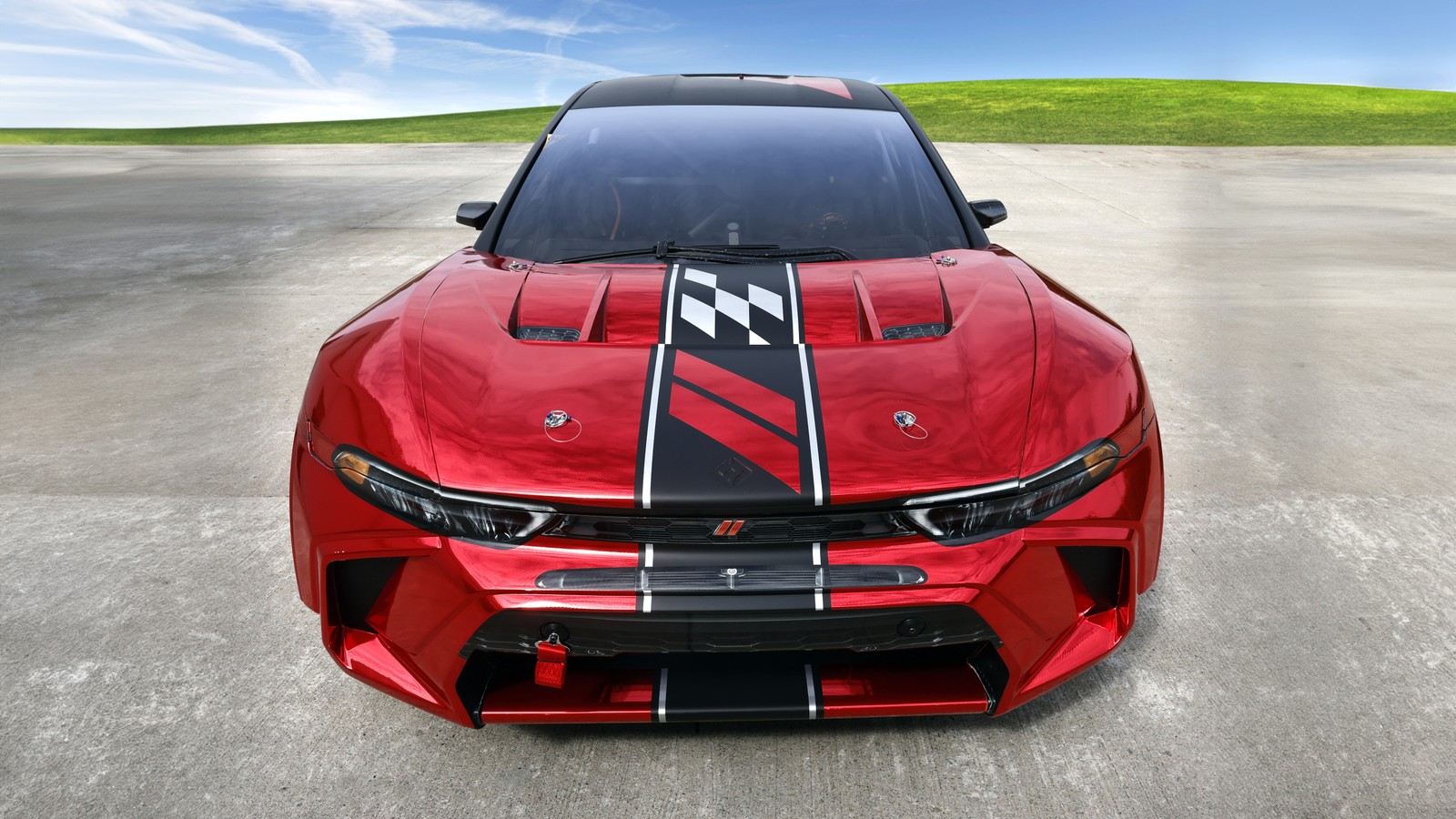 Um carro esportivo vermelho com uma bandeira de corrida no capô (dodge hornet, 2024, 5k, carros vermelhos, carros)