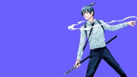 Aki Hayakawa in a stylish pose, wielding a sword with a striking blue background.