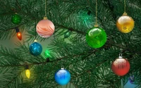 Bunte Ornamente und Lichter an einem Weihnachtsbaumzweig