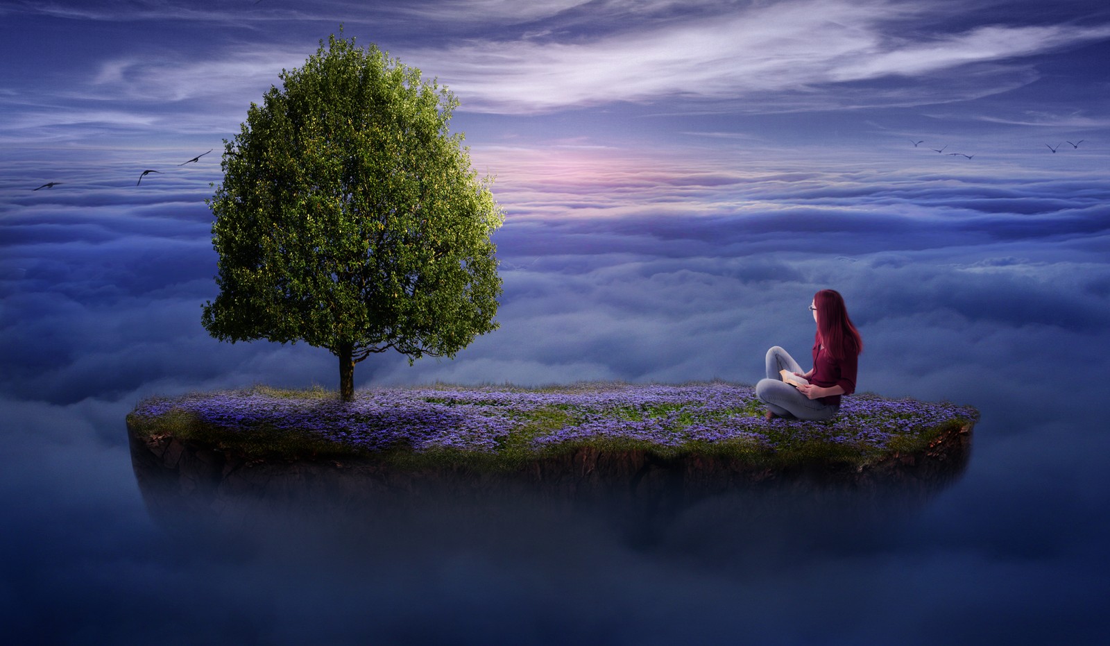 A woman sitting on a small island with a tree in the middle (surreal, dream, woman, floating, lone tree)