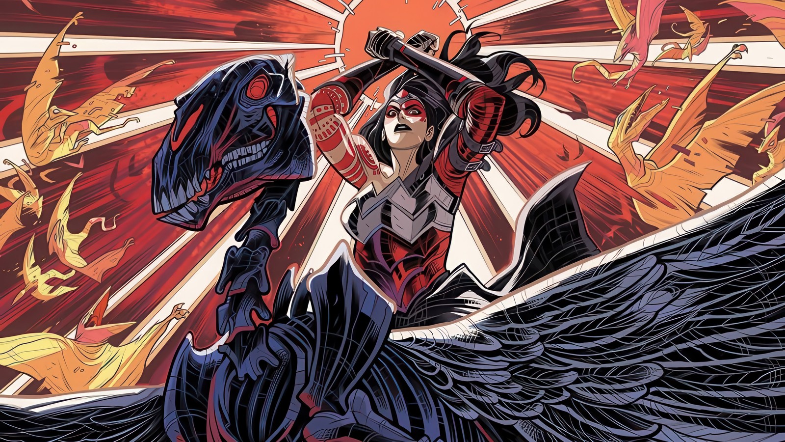 A woman in a black and red costume holding a bat (absolute, woman woman, superhero, super hero, skeleton)