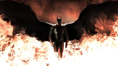 Batman emerges from flames, embodying strength and determination against a dramatic backdrop.