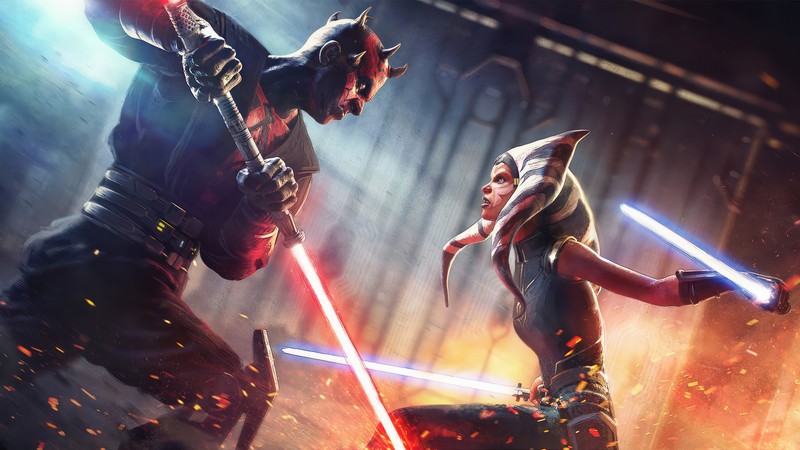 Пара людей стоит на земле с огнями (дарт мол, darth maul, асока тано, ahsoka tano, звёздные войны)