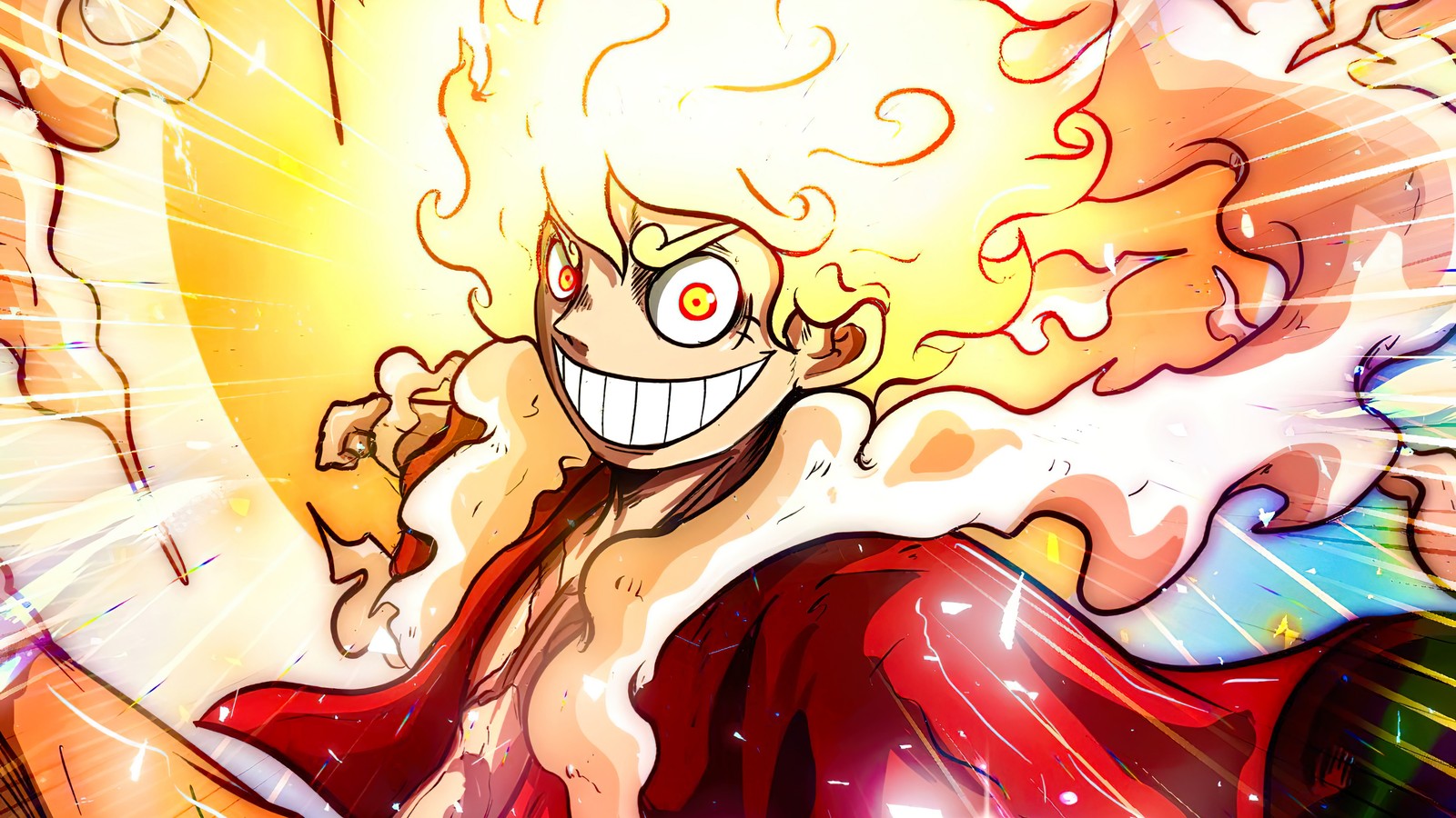 Personnage d'anime avec un grand sourire sur son visage et des bras (monkey d luffy, équipement 5, gear fifth, dieu du soleil, nika)