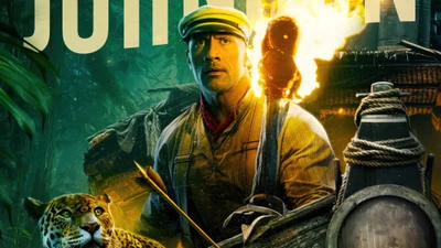 Dwayne Johnson on a jungle adventure with a torch, surrounded by lush greenery and a leopard.