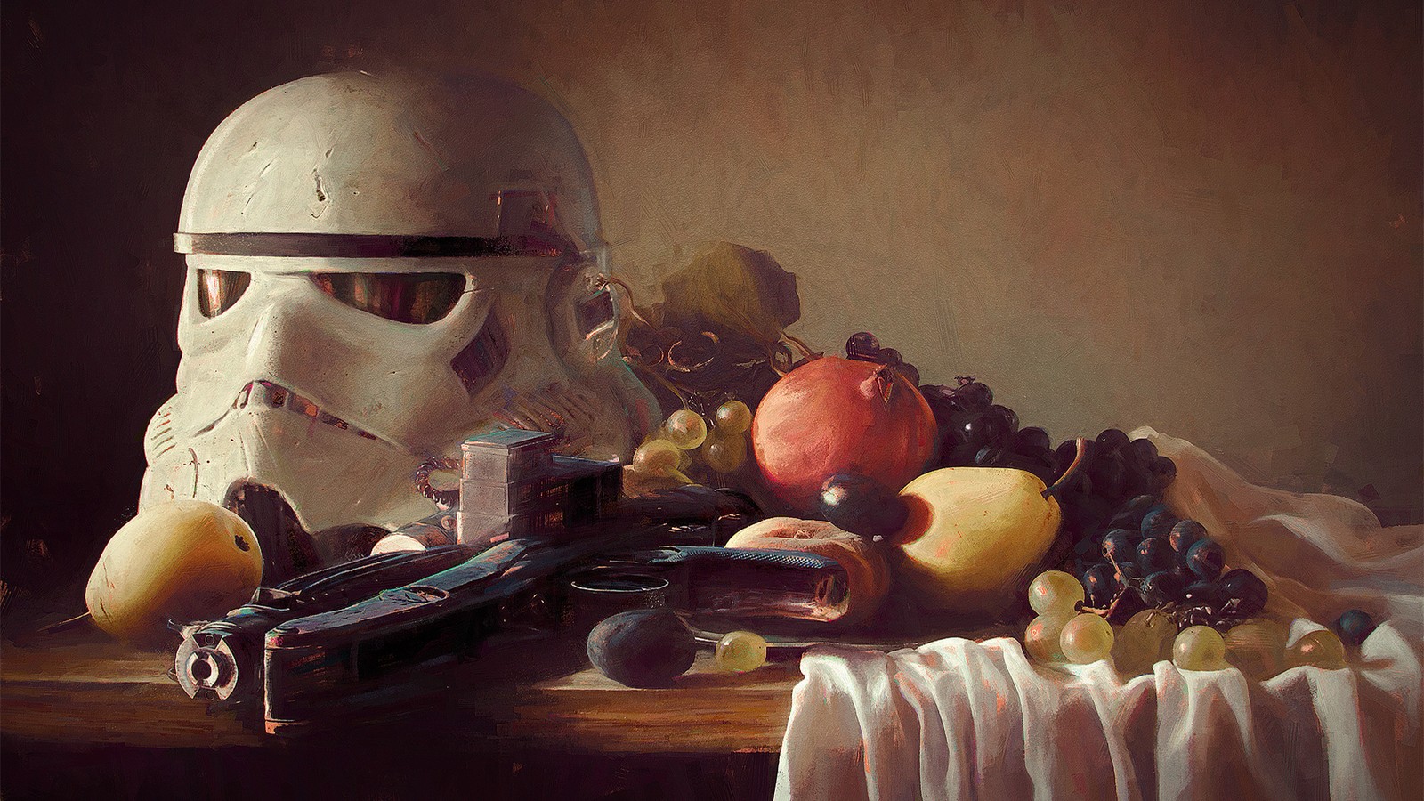 There is a painting of a stormtrooper helmet and a gun on a table (art, illustration, digital art, concept art, painting)