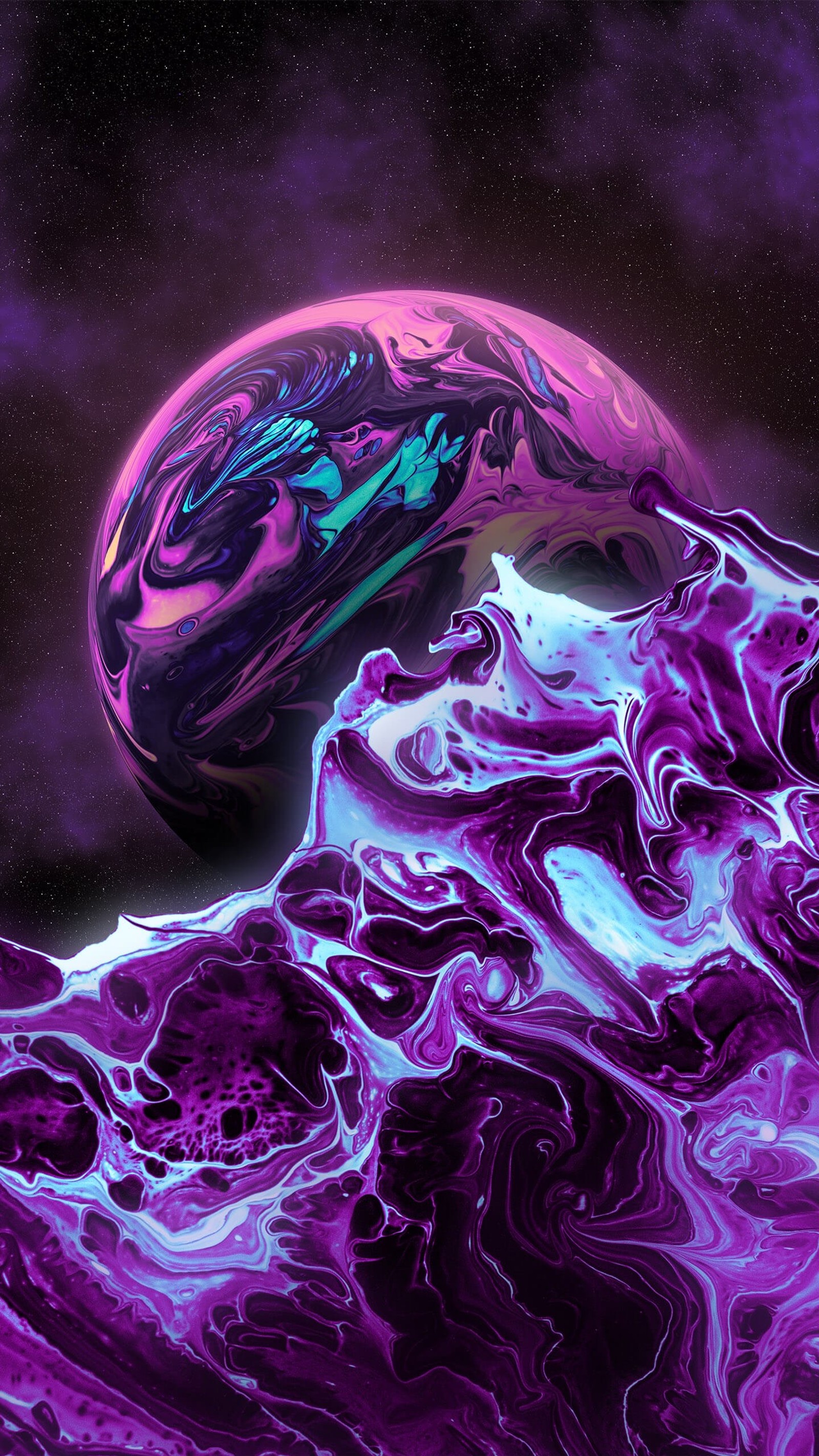 Purple and black marbled surface with a purple planet in the background (tablet, art, liquid, purple, water)