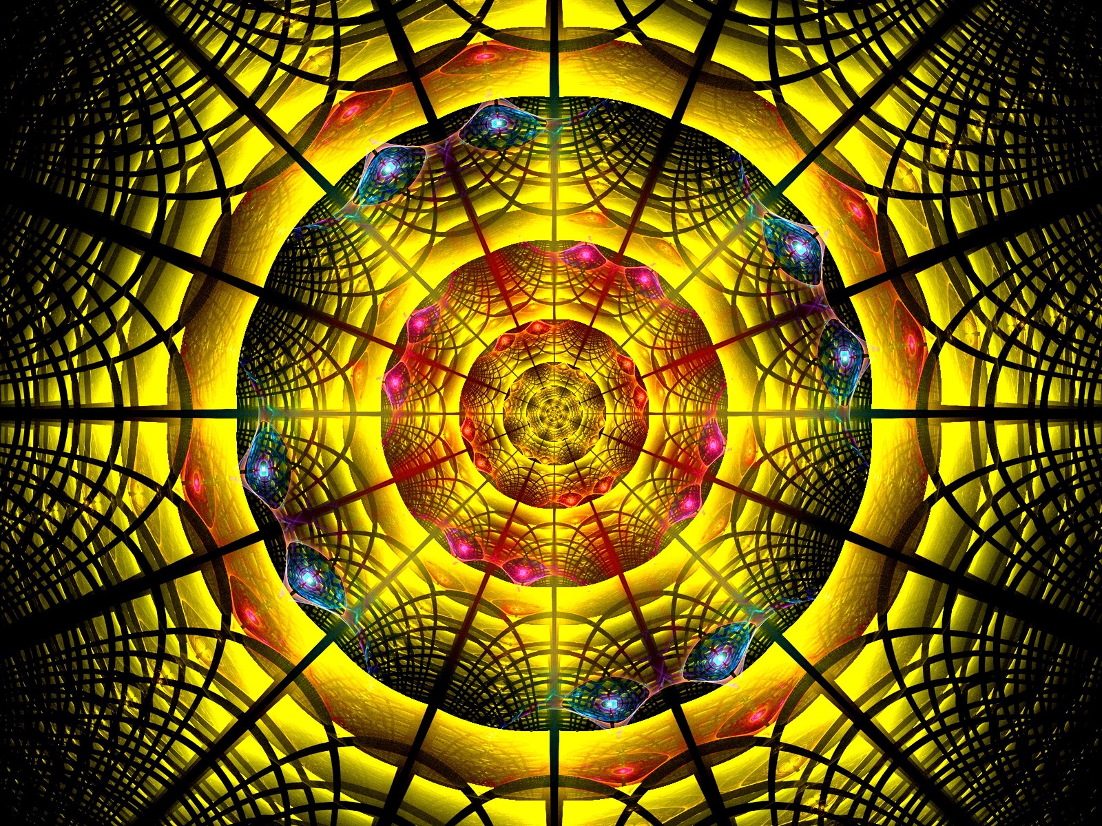 A computer generated image of a yellow and black circular design (symmetry, glass, psychedelic art, pattern, circle)