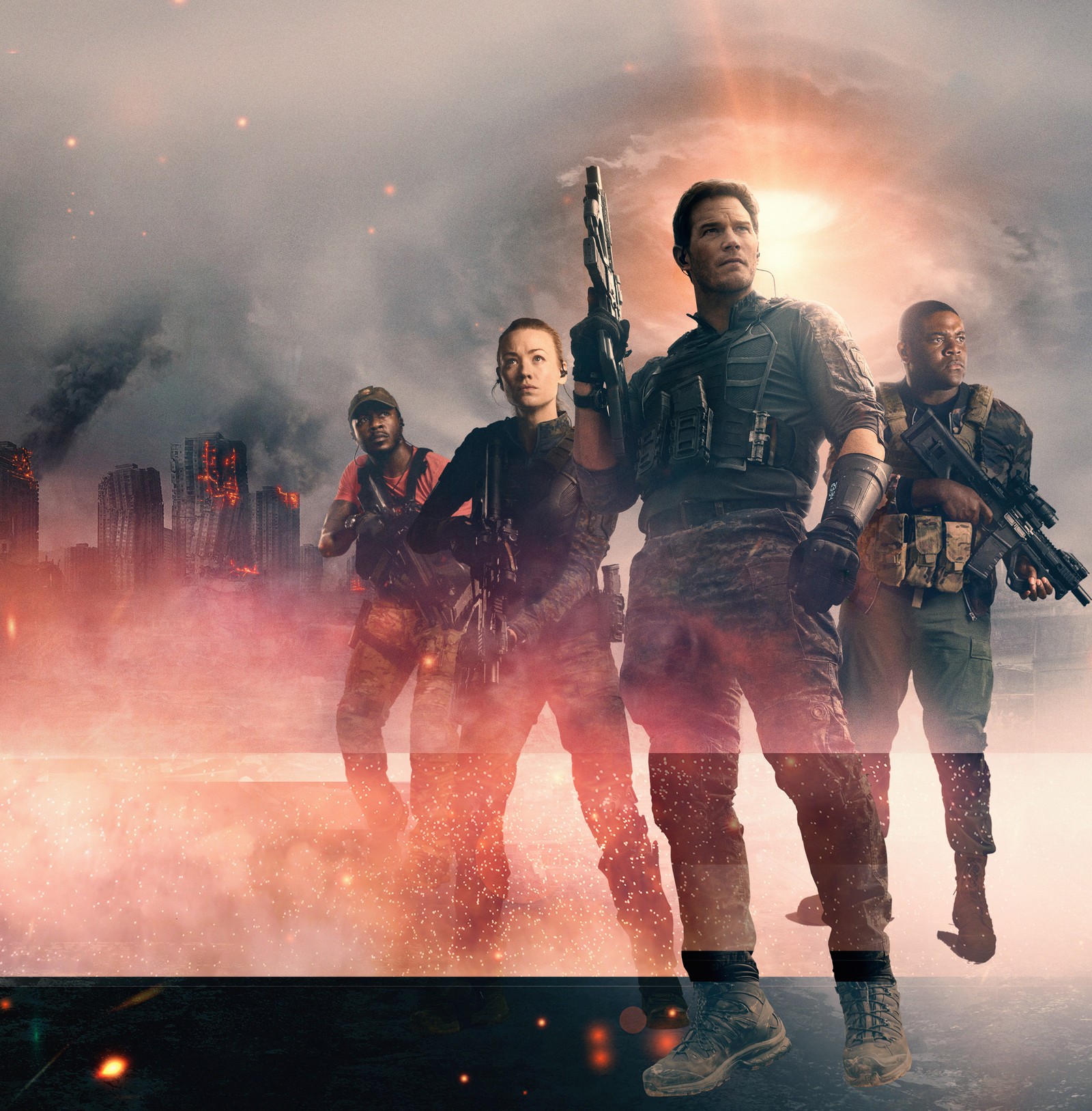 Arafed image of a group of soldiers standing in front of a city (the tomorrow war, 2021 movies, edwin hodge, chris pratt, yvonne strahovski)