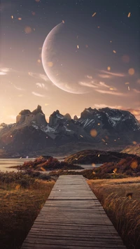 Gelassener Dämmerung über Berglandschaft mit Mond und Nachglühen