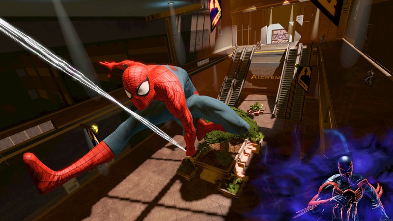 Человек-паук в костюме летит через здание (spider man, activision, невероятный человек паук, супергерой, pc game)