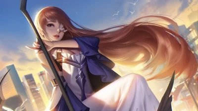 Anime Girl with Scythe Against a Cityscape at Sunset