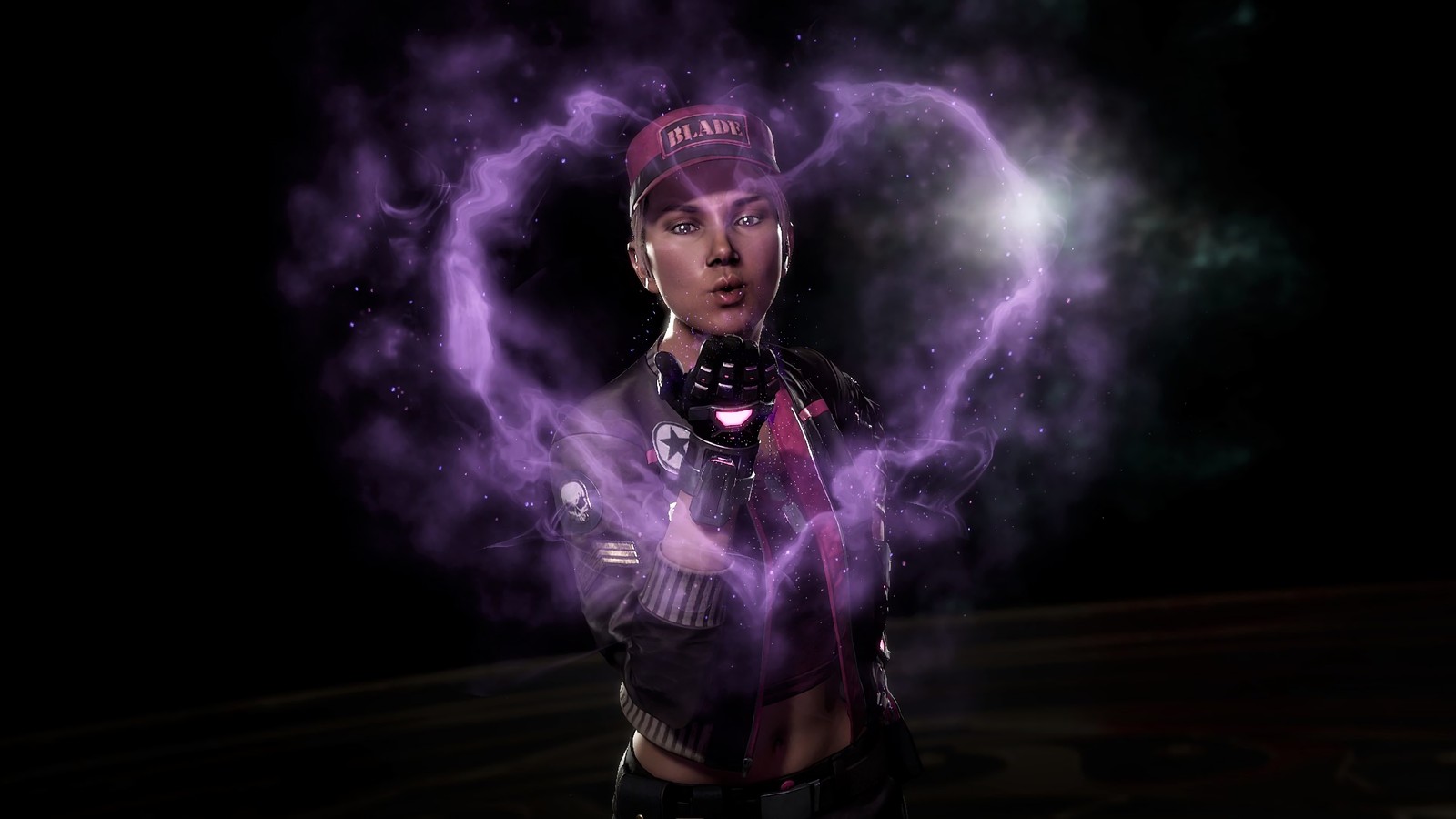 Un gros plan d'une personne tenant une substance violette dans sa main (sonya blade, mortal kombat 11, jeu vidéo)