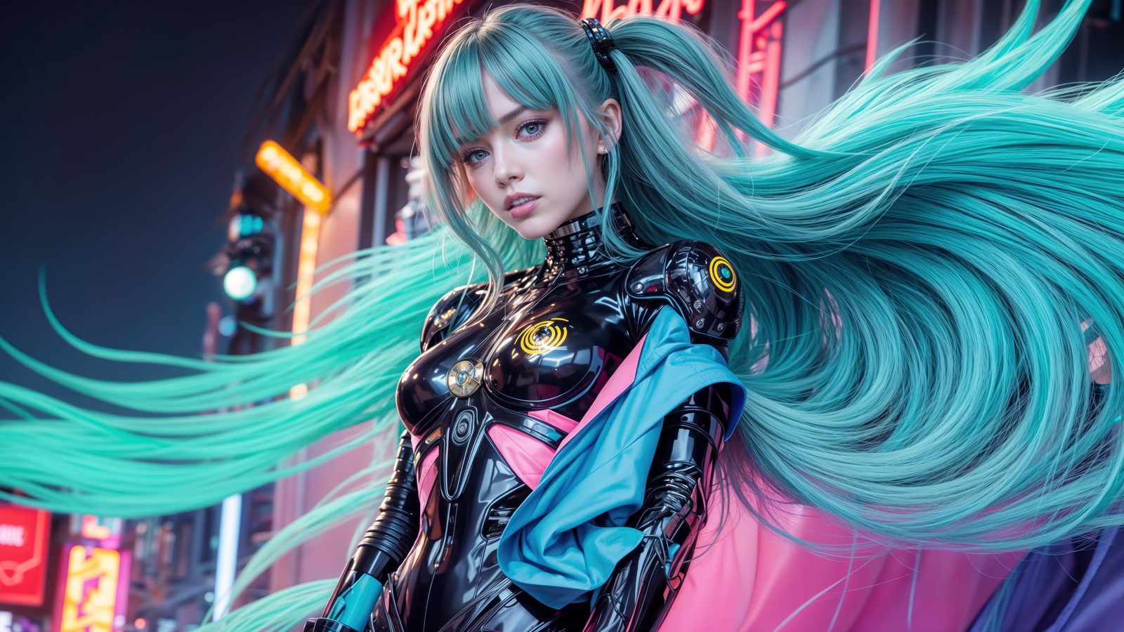 A woman with long green hair and a black leather outfit (anime girls, beautiful, sci fi, digital art)