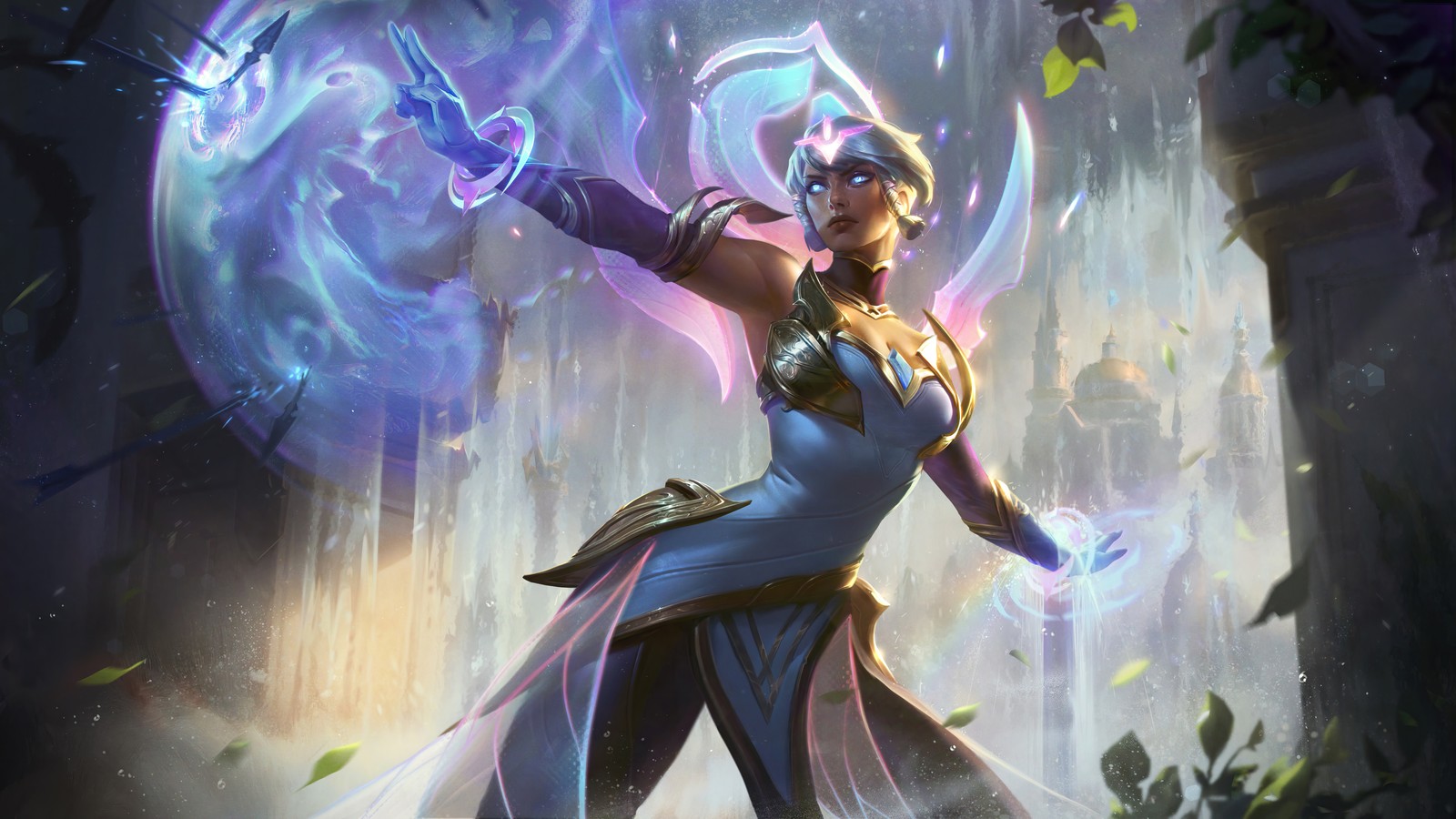 Eine frau in einem blauen kleid hält eine leuchtende kugel (karma, dawnbringer, haut, league of legends, videospiel)