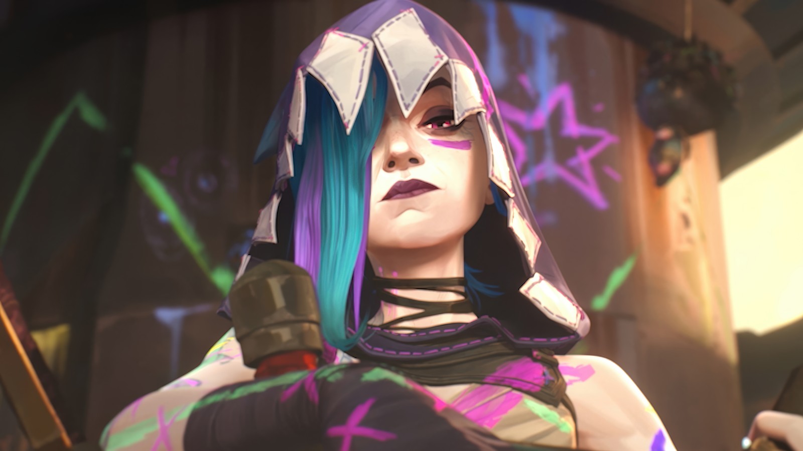 A close up of a person with a sword and a costume (jinx, arcane series, tv series, lol, league of legends)