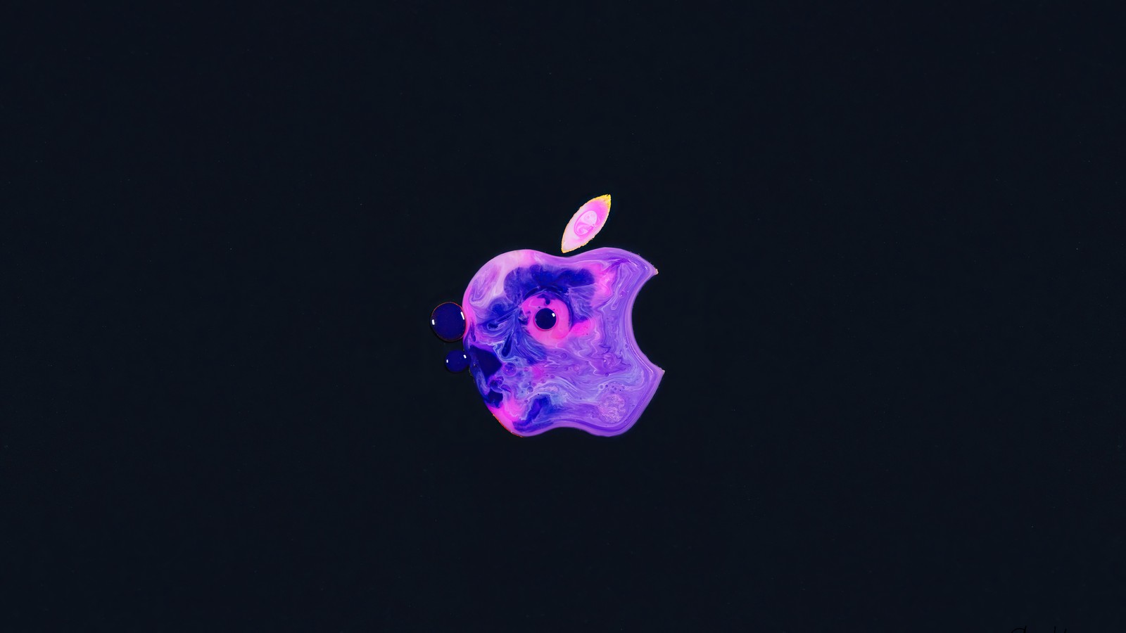 Purple apple logo on black background with a green leaf (iphone 12, apple, logo, digital art, os)